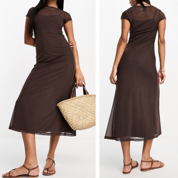 ASOS T-Shirt Midi Mesh Dress in Chocolate - Picture 1 of 4